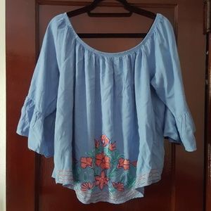 Off the shoulder ruffled sleeve shirt